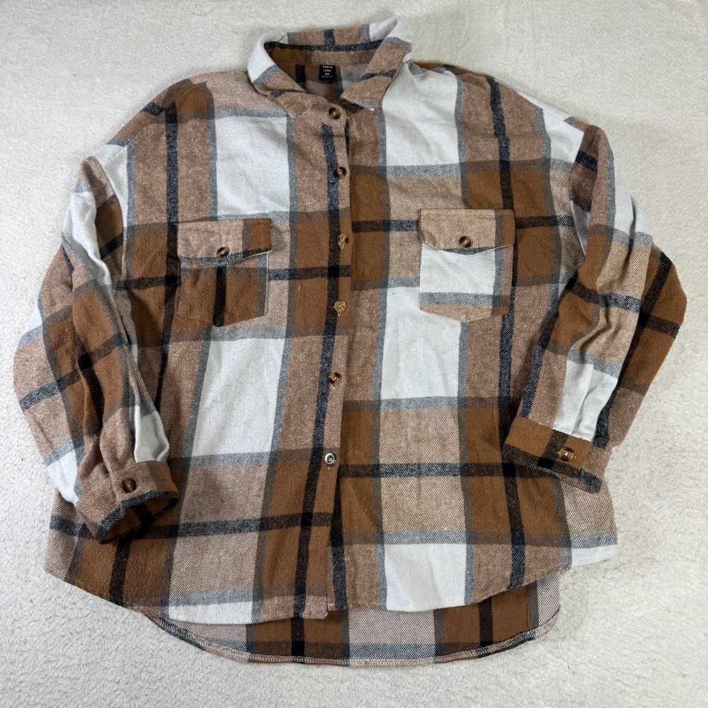 SHEIN Curve Plaid Shacket Women 3XL Brown Good Oversized Button Up